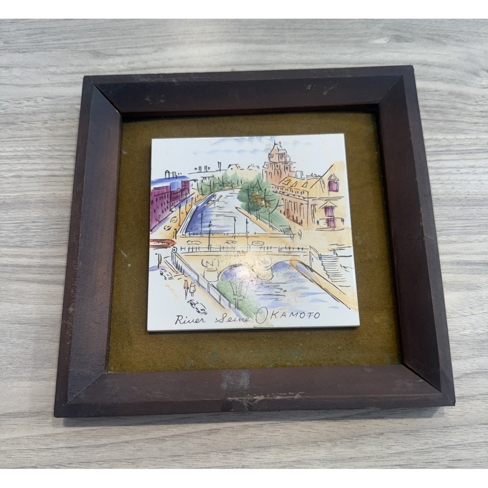Vintage Okamoto River Seine Paris Ceramic Tile Art Framed Wall Decor Japan